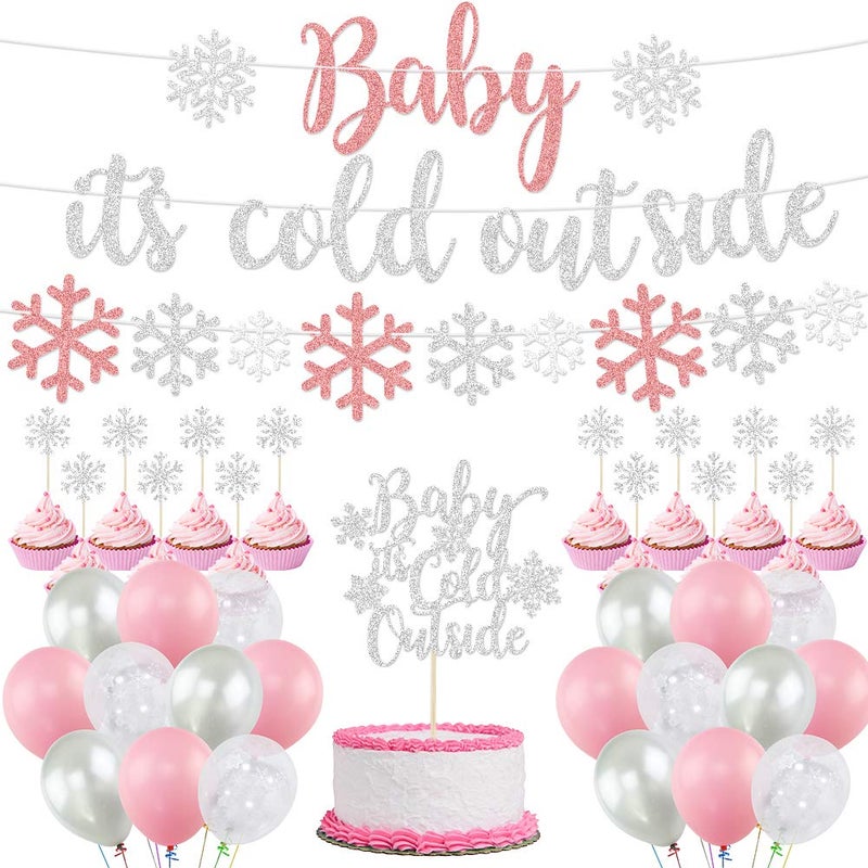 K KUMEED Baby Itâ€™s Cold Outside Party Decorations, Banner, Snowflake Balloons, Garland for Winter Wonderland Baby Shower, Christmas, Winter Birthday Party Supplies, Silver (Pink) - Image 1